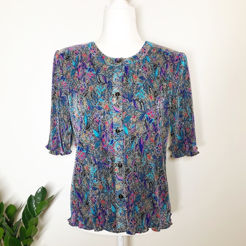 Vintage Bright Floral Paisley Button Front Blouse